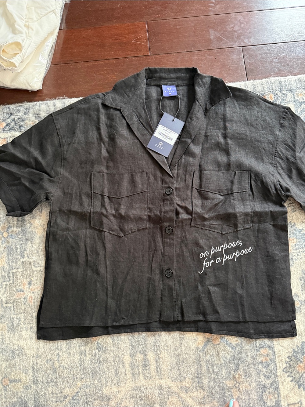 On Purpose Black Short-Sleeve Button Cropped Linen Blend Shirt